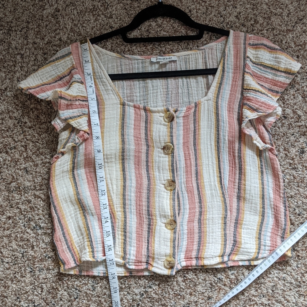 (AEO) Cotton Linen Boho Striped Cropped Top Med - Picture 2 of 8